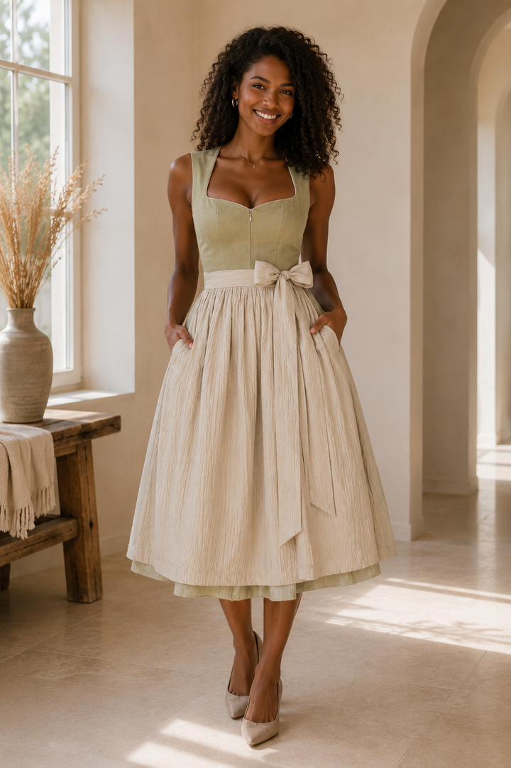 Dirndl Liga Di Bavaria Salbeigrün   Velours&Leinen 70cm