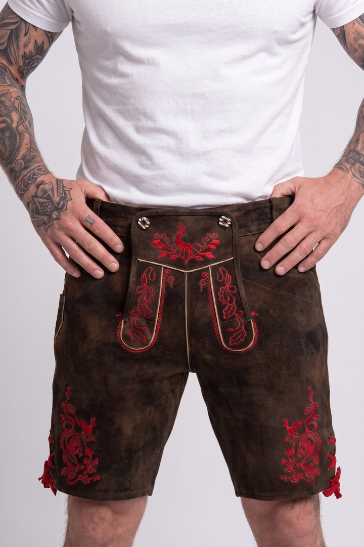 Lederhose Hirsch Royal Rot Mokka